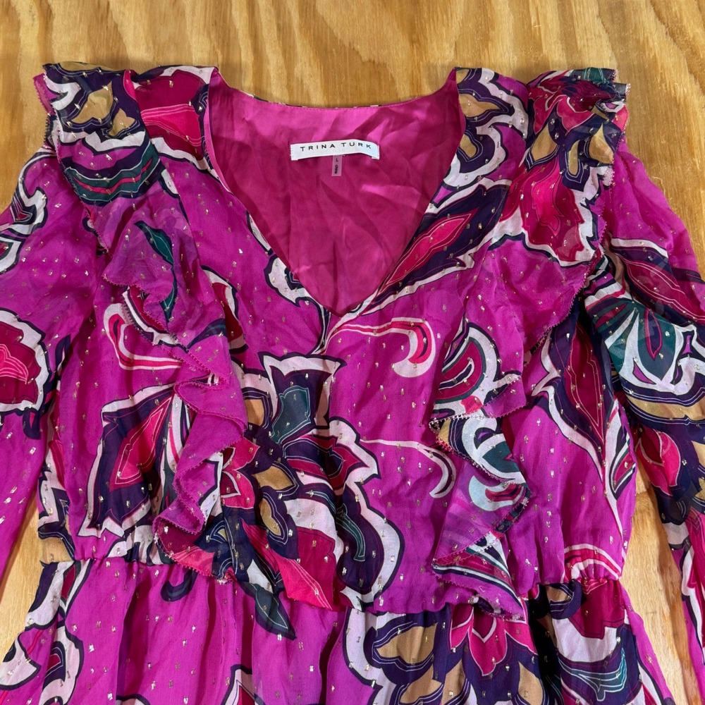 Trina Turk Pink Floral Silk Saka Dress Metallic Ruffle Mini Long Sleeve Size L - Picture 2 of 7